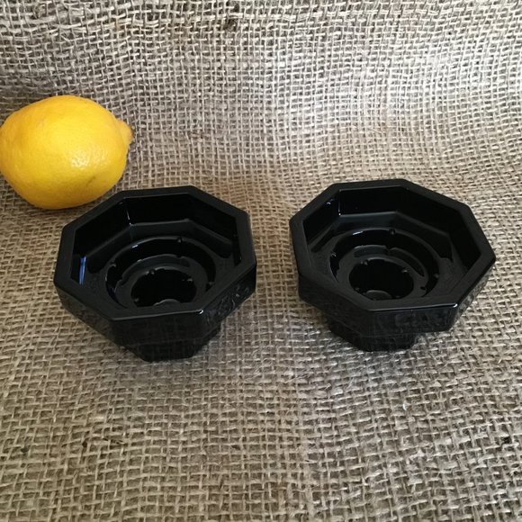 Octime Black Glass  Octagonal Shape Candle Holders Pair of 2 Vintage - Picture 2 of 3
